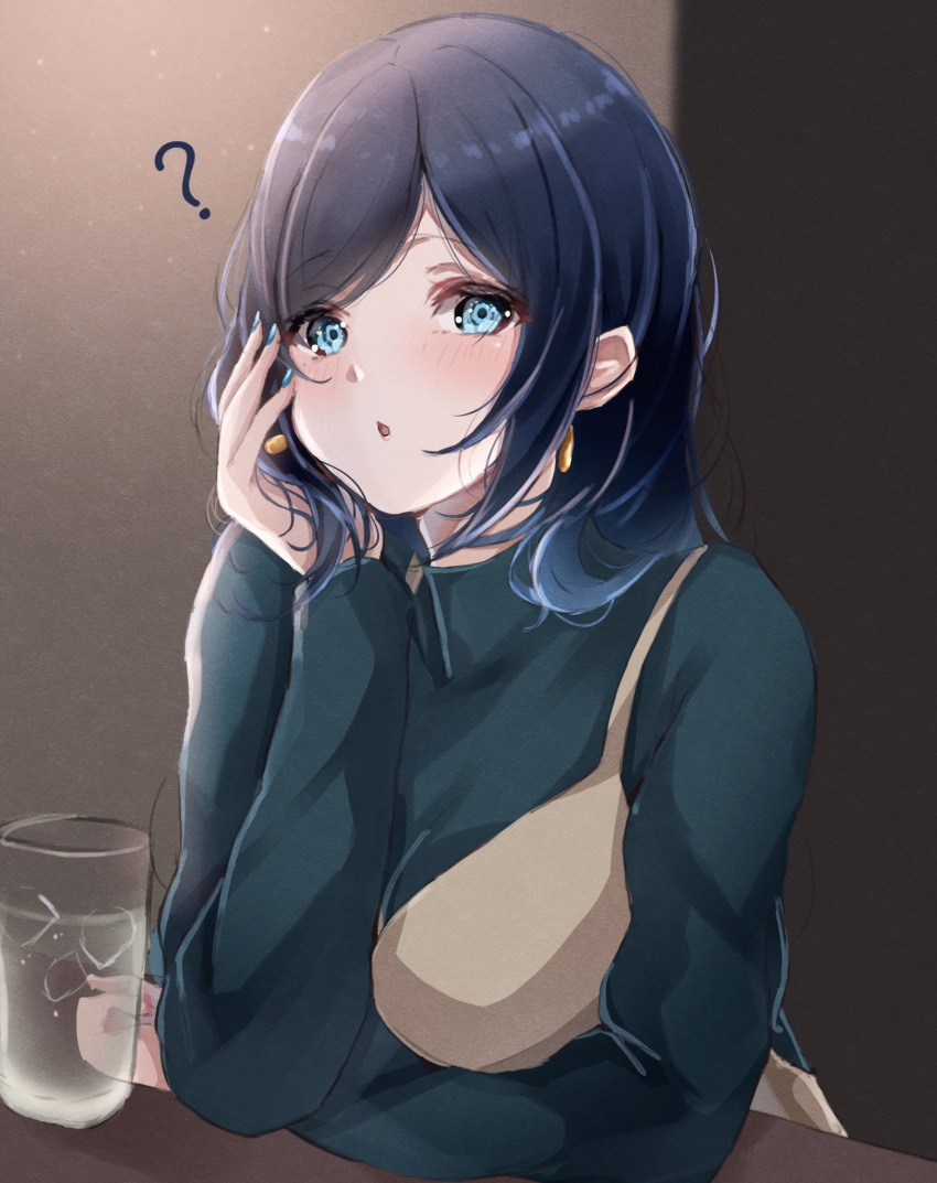 1girl ? blue_eyes blue_hair breasts brown_dress commentary_request dress green_sweater hand_on_own_face highres kantai_collection large_breasts long_hair looking_at_viewer official_alternate_costume sa-ya2 solo souryuu_(kantai_collection) sweater turtleneck upper_body