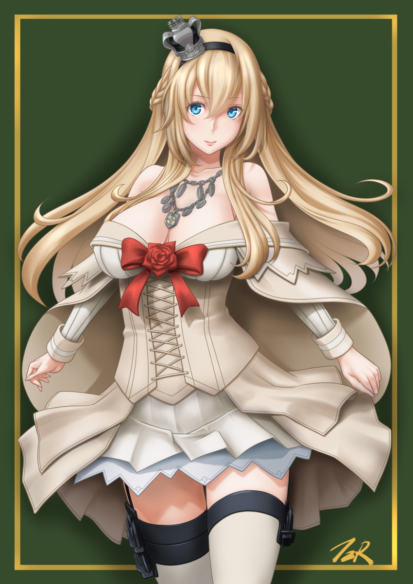 1girl artist_name black_hairband blonde_hair blue_eyes braid commentary_request cowboy_shot crown dress flower french_braid garter_straps green_background hairband highres kantai_collection long_hair long_sleeves looking_at_viewer mini_crown off-shoulder_dress off_shoulder red_flower red_ribbon red_rose ribbon rose smile solo standing t2r thighhighs warspite_(kantai_collection) white_dress white_legwear