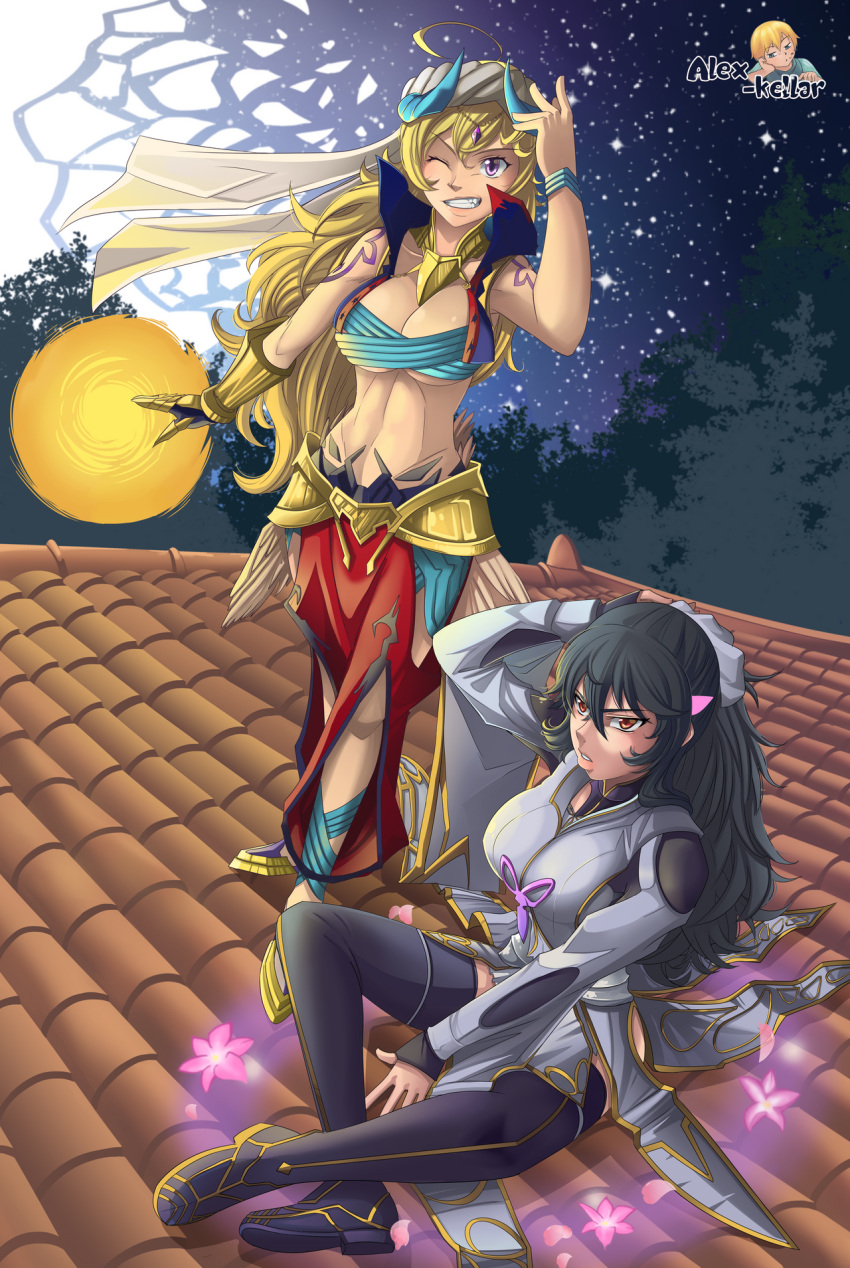 2girls ahoge alex_kellar arabian_clothes bangs black_gloves black_hair black_pants blonde_hair breasts broken_moon cleavage cropped_vest earrings eyebrows_visible_through_hair fate/grand_order fate/grand_order_arcade fate/prototype fate/prototype:_fragments_of_blue_and_silver fate_(series) fingerless_gloves gilgamesh gilgamesh_(caster)_(fate) gloves hair_between_eyes hat highres holding holding_staff hooded_robe jewelry large_breasts long_hair long_sleeves merlin_(fate/prototype) moon multiple_girls night night_sky pants petals purple_eyes raven_branwen red_eyes robe rwby sky smile staff star_(sky) thighhighs thighs turban very_long_hair vest wavy_hair white_hood white_robe wide_sleeves yang_xiao_long