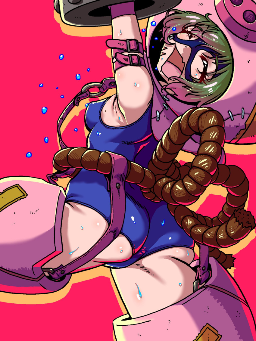 1girl animal_costume arm_belt arm_up armored_boots armpits ass bangs bare_shoulders blue_swimsuit blush boots breasts cho-hakkaimon closed_eyes commentary covered_nipples cowboy_shot digimon eyebrows_visible_through_hair facial_mark fang from_behind garter_belt gauntlets gerusyu gloves green_hair hair_between_eyes highres mask open_mouth pig_costume pink_armor red_background rope school_swimsuit short_hair sidelocks simple_background skin_fang small_breasts solo standing standing_on_one_leg sweat swimsuit water_drop