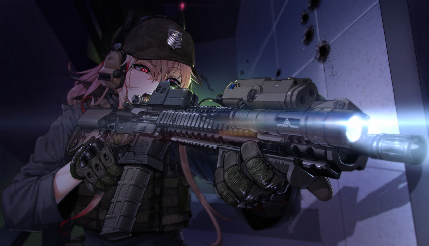 1girl assault_rifle bangs bullet_hole foreshortening girls_frontline gloves gun hair_between_eyes headgear headphones headset highres holding holding_gun holding_weapon jacket long_hair long_sleeves m4_carbine m4_sopmod_ii_(girls_frontline) military multicolored_hair open_mouth pink_hair red_eyes red_hair rifle sd_bigpie sidelocks soldier solo streaked_hair tagme vest wall weapon
