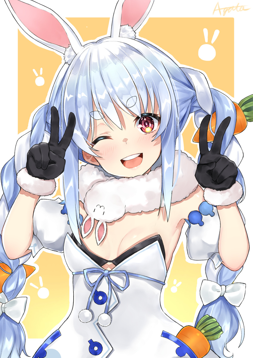 1girl ;d absurdres agata_(yfw1110) animal_ear_fluff animal_ears armpit_peek artist_name black_gloves blue_hair blue_ribbon blush border bow braid breasts bunny-shaped_pupils bunny_background bunny_ears carrot_hair_ornament cleavage commentary_request detached_sleeves don-chan_(usada_pekora) double_v dress extra_ears eyebrows_visible_through_hair food_themed_hair_ornament fur_trim gloves hair_bow hair_ornament head_tilt highres hololive long_hair looking_at_viewer one_eye_closed open_mouth orange_eyes pom_pom_(clothes) puffy_short_sleeves puffy_sleeves ribbon short_sleeves simple_background small_breasts smile solo twin_braids twintails upper_body upper_teeth usada_pekora v very_long_hair virtual_youtuber white_border white_bow white_dress yellow_background