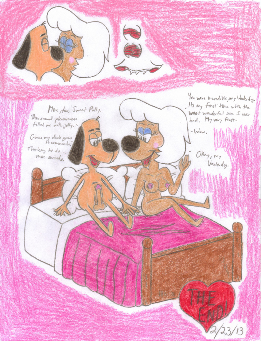 2013 absurd_res after_sex anthro bed bedroom big_breasts bodily_fluids breasts canid canine canis comic domestic_dog duo english_text erect_nipples erection female french_kissing furniture genitals hi_res kissing male male/female mammal nipples penis saliva saliva_string shrekrulez_(artist) sweet_polly_purebred text underdog underdog_(series)