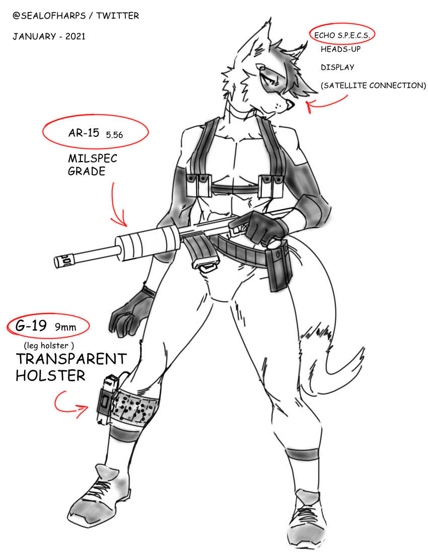 abs absurd_res ammo_belt ammunition anthro ar-15 athletic athletic_female bangs breasts canid canine chest_rig clothing ears_up english_text eyewear eyewear_on_head female footwear fox glasses glock gloves gun gun_belt hair handgun handwear harpseal hi_res holster holstered_pistol jumpsuit leg_holster leg_muscles long_hair looking_away magazine_(gun) magazine_pouch mammal mercenary mohawk muscular muscular_female pistol ranged_weapon rifle rifle_barrel shoes sneakers soldier solo stealth_suit suit tactical tactical_gear technology text trainer visor warrior weapon