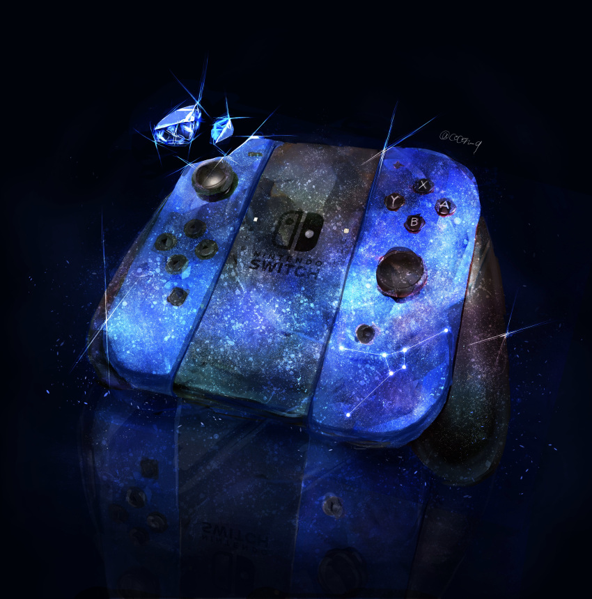 absurdres artist_name black_background blue_theme cocon_(cocon_q) commentary_request constellation controller game_controller highres huge_filesize joy-con logo milky_way nintendo nintendo_switch no_humans reflection shattering sparkle star_(sky) still_life transparent
