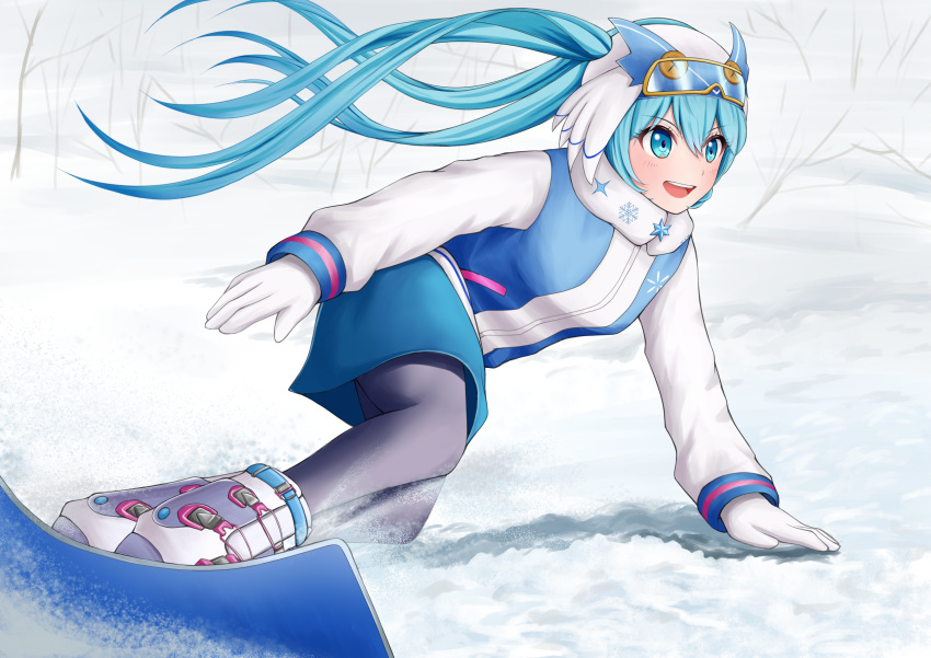 1girl aqua_eyes aqua_hair black_legwear blue_jacket blue_skirt commentary gloves hatsune_miku highres jacket long_hair nekoinu_bamboo open_mouth pantyhose ski_boots ski_gear ski_goggles skirt smile snow snowboard snowboarding snowflake_print solo twintails vocaloid white_gloves white_sleeves yuki_miku yuki_miku_(2016)