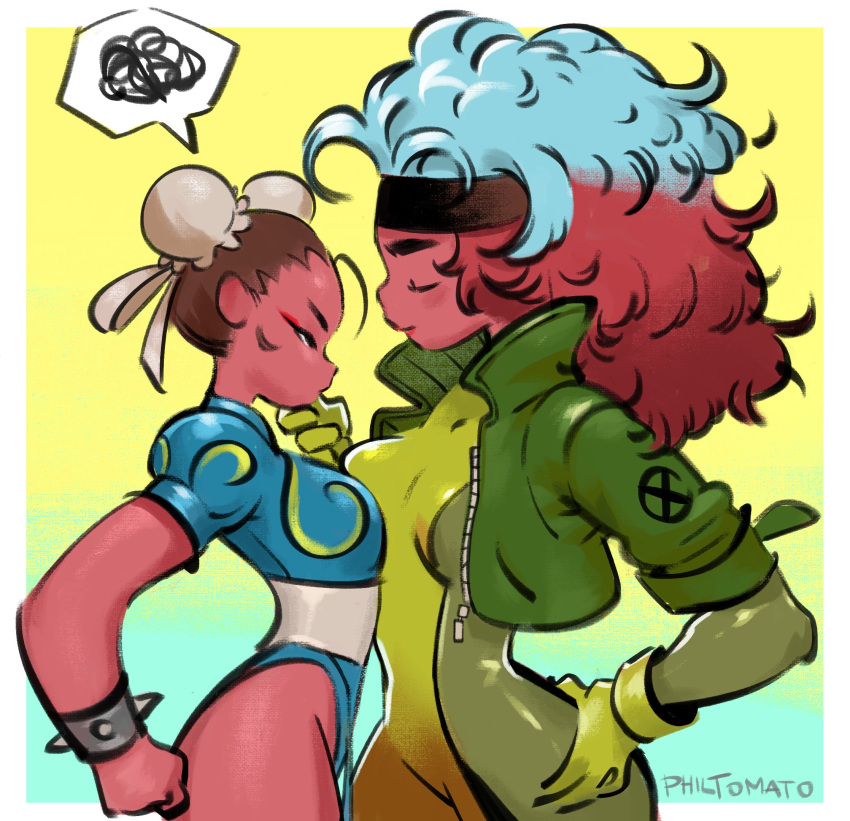 2girls artist_name bodysuit border bracelet breasts brown_hair bun_cover chinese_clothes chun-li commentary cropped_jacket double_bun english_commentary from_side gloves hand_on_another's_chin hand_on_hip headband highres jewelry marvel marvel_vs._capcom marvel_vs._capcom_2 multicolored_hair multiple_girls no_legwear outside_border philip_bawasanta profile rogue_(x-men) speech_bubble spiked_bracelet spikes spoken_squiggle squiggle standing street_fighter two-tone_hair white_border x-men yuri