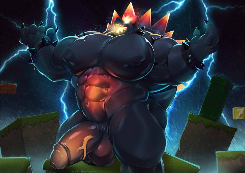 abs absurd_res anthro biceps black_body black_skin bowser bracelet claws collar demondragoncyan fury_bowser gasaiv genitals hi_res horn jewelry koopa male mammal mario_bros muscular muscular_anthro muscular_male nintendo nipples nude pecs penis scalie shell solo spiked_bracelet spiked_collar spikes super_mario_3d_world thunder video_games