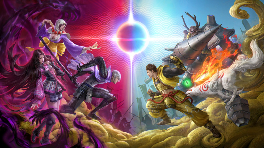 2girls 4boys amaterasu armor army battle breasts capcom cleavage clenched_hand cloud drill fighting_stance fire flag highres holding holding_weapon honda_tadakatsu_(sengoku_basara) ishida_mitsunari_(sengoku_basara) issun japanese_clothes multiple_boys multiple_girls official_art oichi_(sengoku_basara) ookami_(game) open_mouth seigaiha sengoku_basara sun teppen tokugawa_ieyasu_(sengoku_basara) tsuzurao weapon wolf