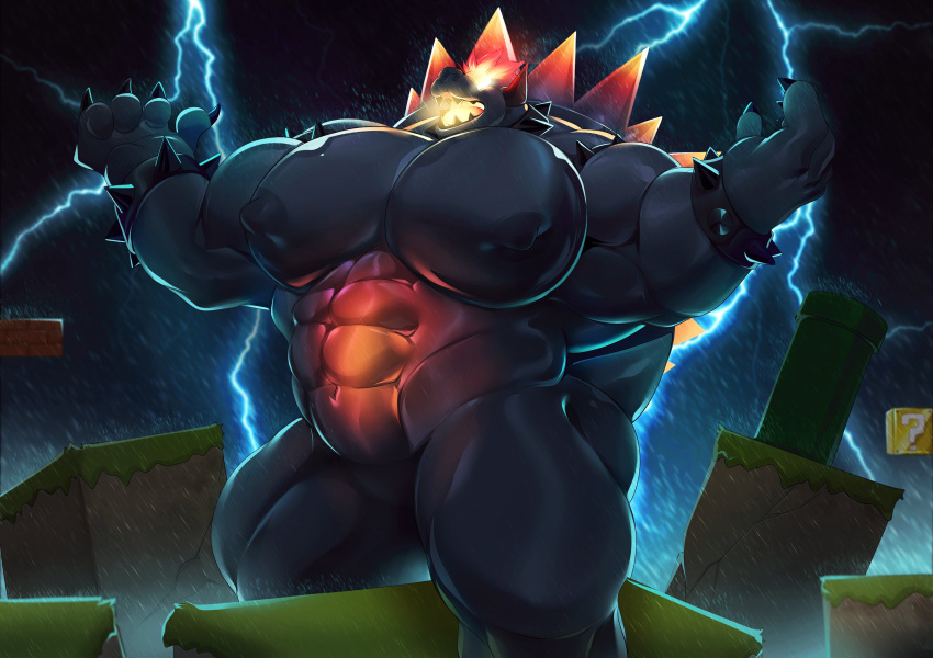 abs absurd_res anthro biceps black_body black_skin bowser bracelet claws collar demondragoncyan fury_bowser gasaiv hi_res horn jewelry koopa male mammal mario_bros muscular muscular_anthro muscular_male nintendo nipples pecs scalie shell solo spiked_bracelet spiked_collar spikes super_mario_3d_world thunder video_games