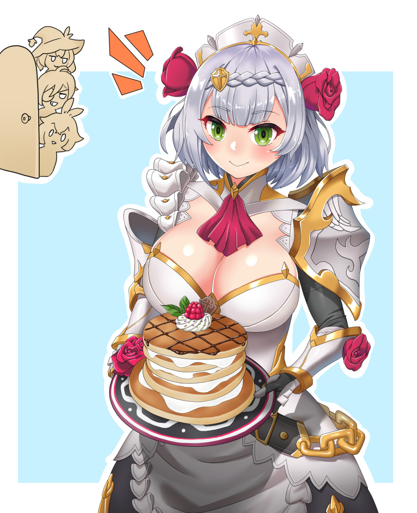 1girl absurdres armor armored_dress blush breasts chain cleavage dress eyebrows_visible_through_hair eyelashes flower food frilled_dress frills fruit genshin_impact green_eyes hair_flower hair_ornament highres holding holding_plate kirochef large_breasts looking_at_viewer maid_headdress neckerchief noelle_(genshin_impact) pancake plate rose short_hair smile strawberry whipped_cream white_hair