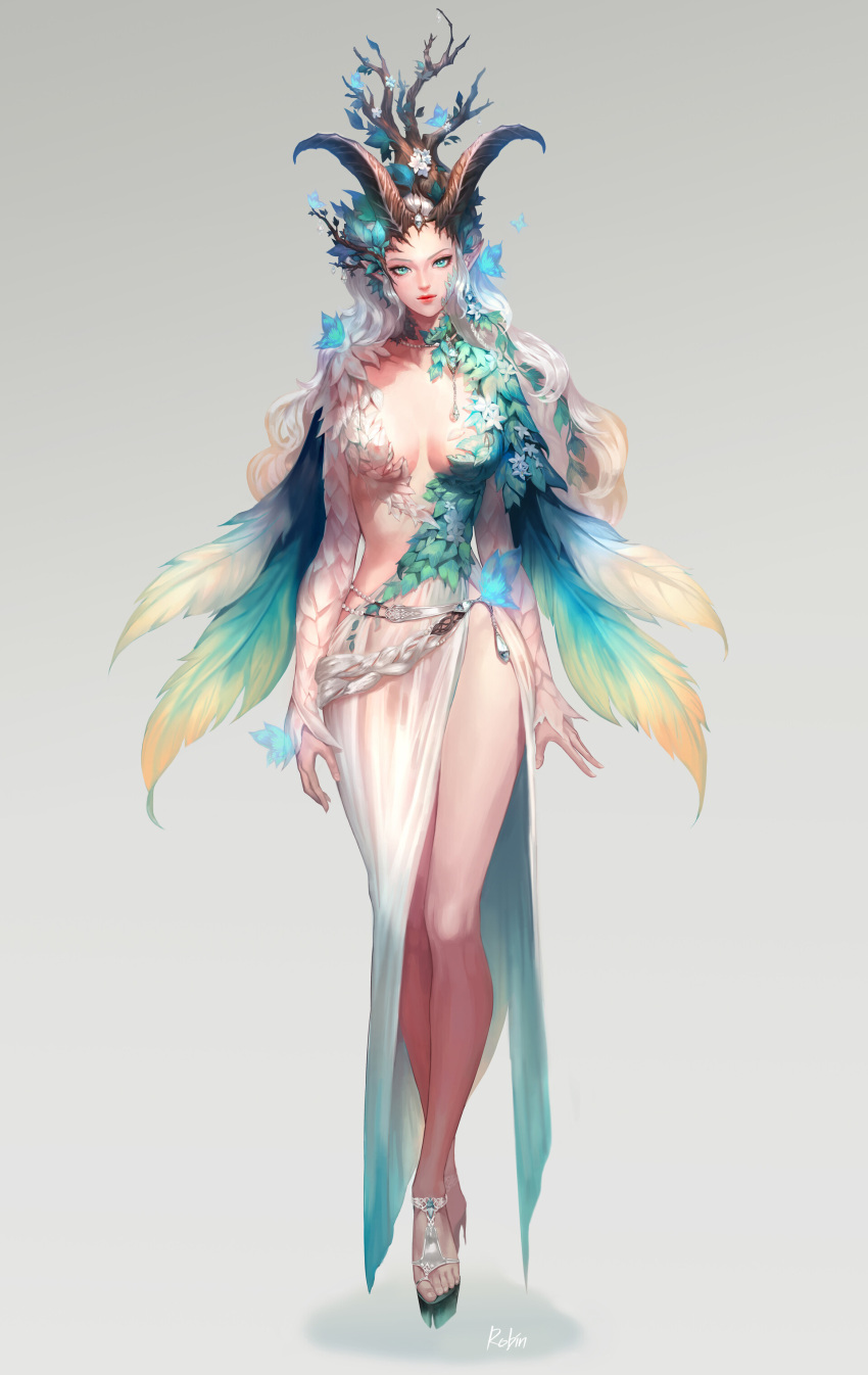 1girl absurdres artist_name blue_butterfly blue_eyes breasts bug butterfly cleavage dryad full_body hair_ornament high_heels highres horns insect jewelry jrobinkim leaf_hair_ornament medium_breasts necklace original pointy_ears sandals simple_background solo standing straight-on