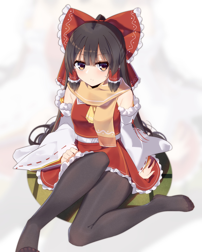 1girl ascot black_hair bow brown_eyes ddt_(darktrident) detached_sleeves full_body hair_tubes hakurei_reimu highres long_hair looking_at_viewer miniskirt nontraditional_miko orange_scarf pantyhose red_bow red_skirt red_vest scarf sidelocks sitting skirt solo touhou very_long_hair vest yellow_neckwear