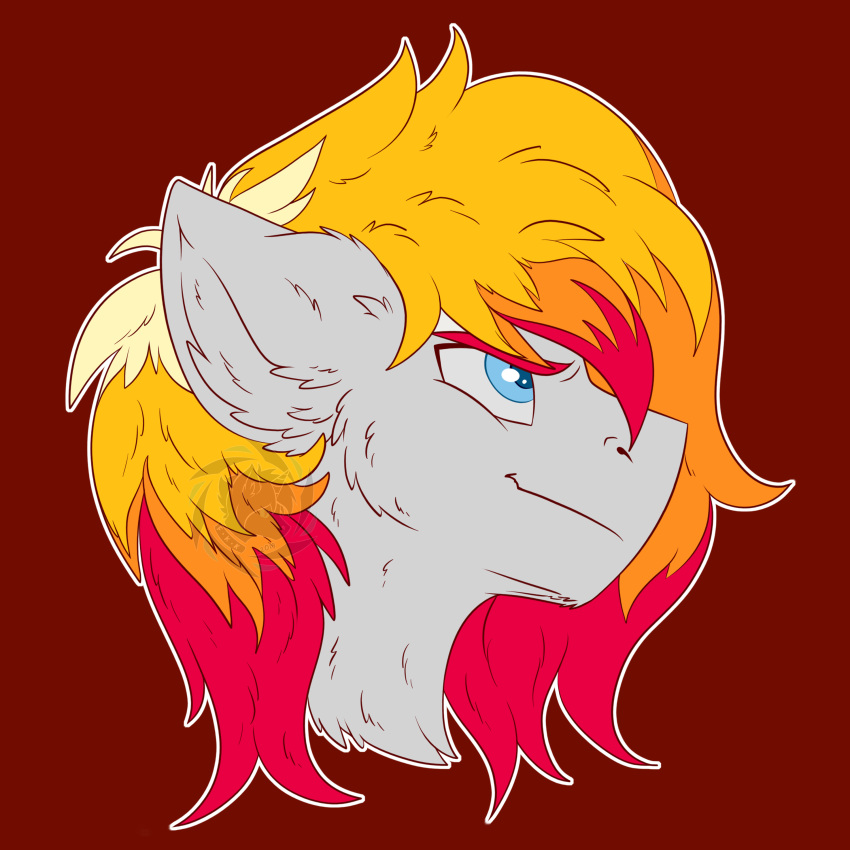 1:1 2019 absurd_res ambiguous_form ambiguous_gender blonde_mane blue_eyes ears_back equid equine fan_character fkk fur hasbro hi_res horse icon inner_ear_fluff mammal mane multicolored_mane my_little_pony pivoted_ears pony portrait red_background red_mane side_mouth simple_background solo tuft watermark white_body white_fur