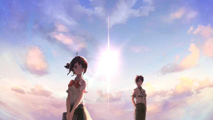 1boy 1girl ahoge backlighting bag bangs black_hair bow bowtie breasts brown_eyes brown_hair cloud collared_shirt commentary cowboy_shot hair_ribbon highres kimi_no_na_wa. medium_breasts miyamizu_mitsuha outdoors pants pleated_skirt qosic red_bow ribbon scenery school_uniform shirt short_hair short_sleeves sketch skirt sky sunlight tachibana_taki v_arms white_shirt