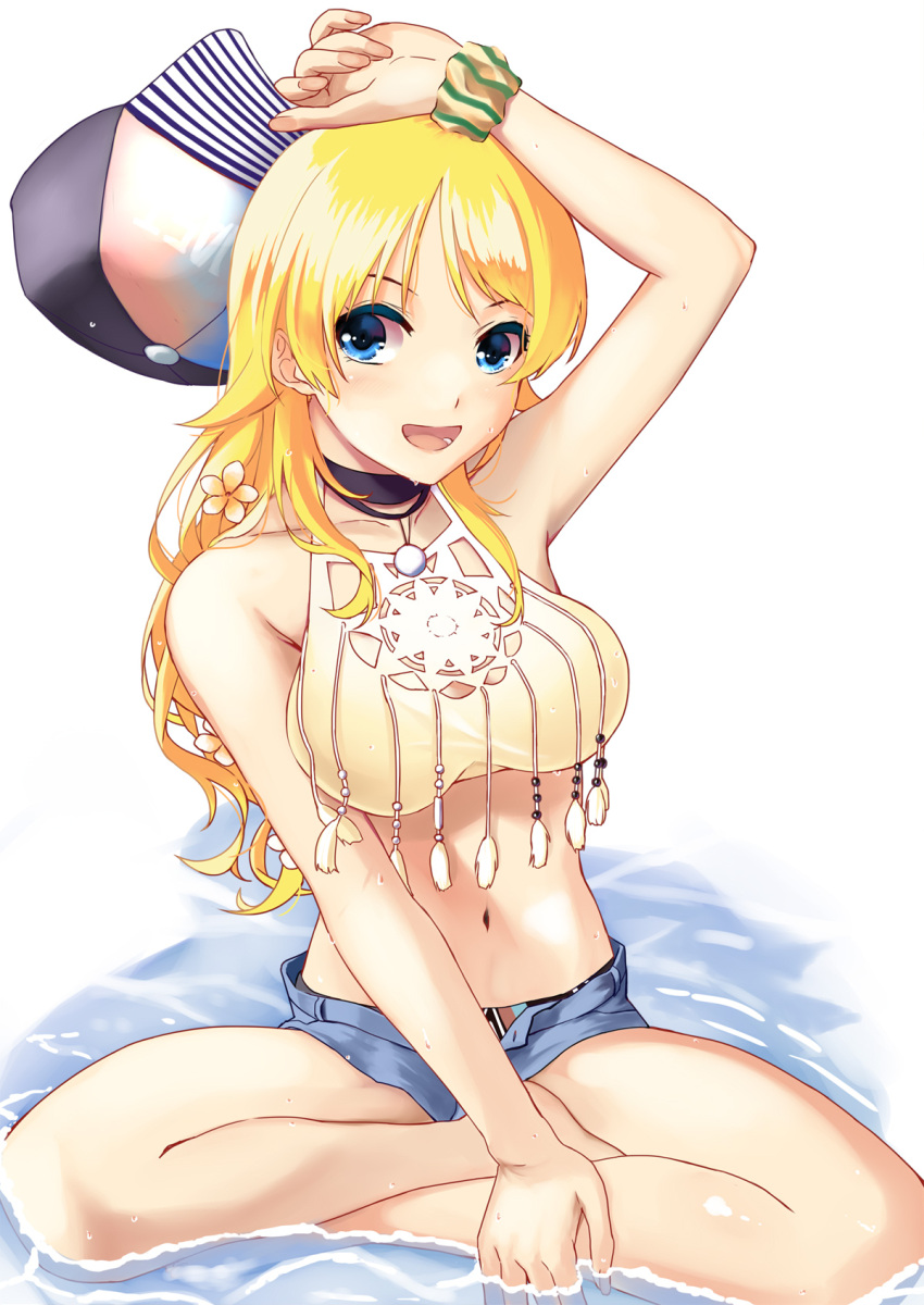 1girl bangs blonde_hair blue_eyes breasts choker denim denim_shorts flower hachimiya_meguru hair_flower hair_ornament hat highres idolmaster idolmaster_shiny_colors large_breasts long_hair mizuki_(mizuki_ame) scrunchie shorts simple_background swimsuit water white_background wrist_scrunchie