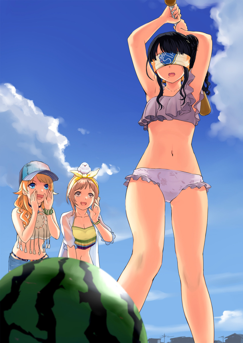 3girls armpits baseball_bat bikini bird black_hair blindfold blonde_hair blue_eyes bow breasts brown_eyes brown_hair cleavage cloud collarbone denim denim_shorts food fruit hachimiya_meguru hair_bow hairband highres idolmaster idolmaster_shiny_colors kazano_hiori mizuki_(mizuki_ame) mole mole_under_mouth multiple_girls open_mouth pigeon sakuragi_mano scrunchie shorts side_ponytail sky suikawari swimsuit watermelon wrist_scrunchie