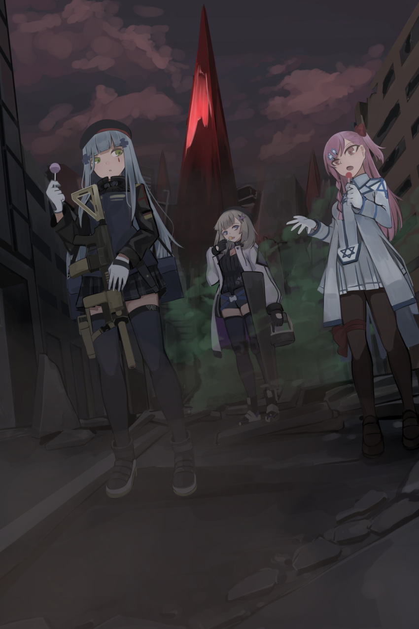 3girls aa-12_(girls_frontline) assault_rifle beret boots candy chcn city cityscape commentary_request dark_sky eating food food_in_mouth girls_frontline gloves gun h&amp;k_hk416 hat hexagram highres hk416_(girls_frontline) lollipop monolith_(object) multiple_girls negev_(girls_frontline) pantyhose rifle shoes star_of_david suppressor thighhighs weapon