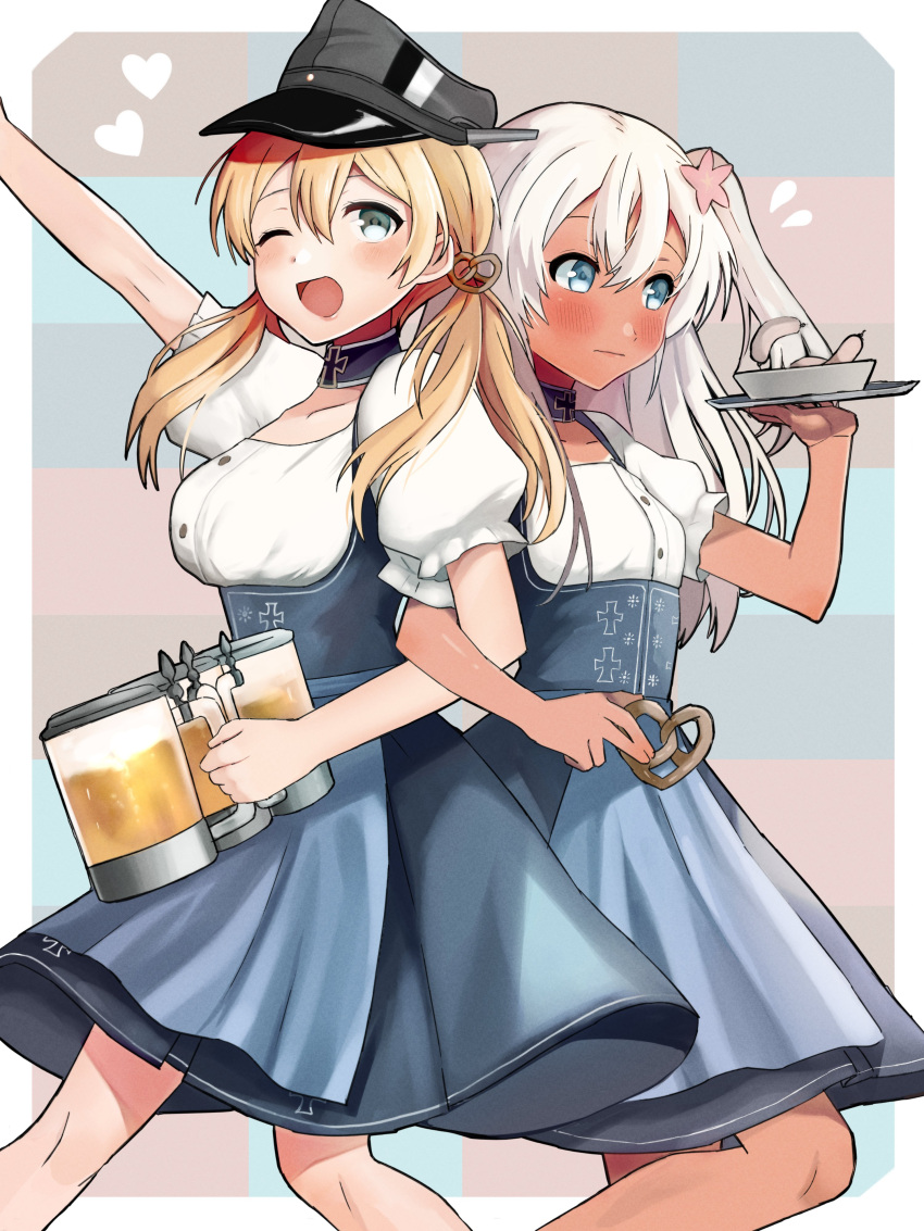 2girls absurdres alcohol alternate_costume apron back-to-back beer beer_mug blonde_hair blouse blue_apron blue_eyes commentary_request commission cowboy_shot cup dirndl dress flower flying_sweatdrops food german_clothes green_eyes hair_flower hair_ornament hat highres iron_cross kantai_collection long_hair looking_at_viewer matching_outfit mug multiple_girls one_eye_closed peaked_cap pinafore_dress pretzel prinz_eugen_(kantai_collection) puffy_short_sleeves puffy_sleeves ro-500_(kantai_collection) sausage short_sleeves skeb_commission tan toriniku_senshi_chikinman twintails underbust waist_apron waitress