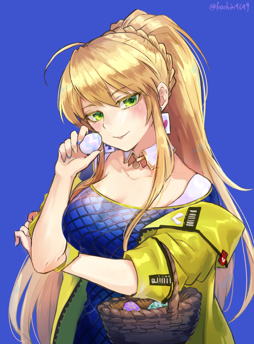 1girl absurdres ahoge artoria_pendragon_(all) artoria_pendragon_(swimsuit_ruler)_(fate) basket blue_background blue_dress blush braid breasts cleavage collarbone dress egg fate/grand_order fate_(series) french_braid hair_between_eyes highres jacket kachin large_breasts long_hair looking_at_viewer off_shoulder ponytail sidelocks smile yellow_jacket