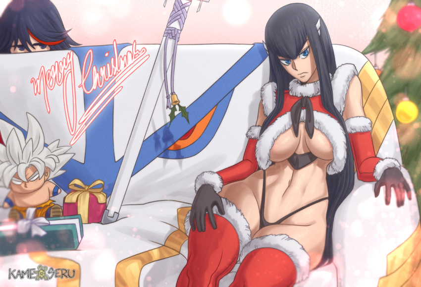 2girls abs alternate_costume artist_name bakuzan bangs black_gloves black_hair black_panties blue_eyes box breasts cameo character_doll christmas couch crop_top detached_sleeves dragon_ball dragon_ball_super english_commentary eyelashes frown fur-trimmed_sleeves fur_trim gift gift_box gloves hair_ornament hair_over_shoulder hairclip highleg highleg_panties jitome junketsu kameseru katana kill_la_kill kiryuuin_satsuki large_breasts long_hair looking_at_viewer matoi_ryuuko merry_christmas multiple_girls navel on_couch panties peeking_out planted_sword planted_weapon red_legwear red_sleeves revealing_clothes santa_costume sheath sheathed short_hair sitting solo_focus son_goku sword thick_eyebrows thick_thighs thighs ultra_instinct underboob underwear weapon