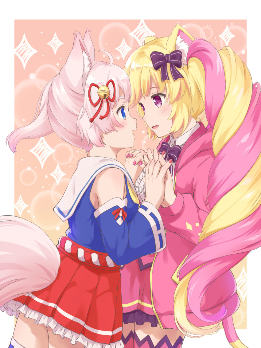 2girls ahoge animal_ears bell blonde_hair blue_eyes blush border breasts cat_ears eyebrows_visible_through_hair fox_ears fox_girl fox_tail hair_bell hair_ornament highres howan_(show_by_rock!!) interlocked_fingers long_hair looking_at_another machikado mashima_himeko_(show_by_rock!!) multicolored_hair multiple_girls open_mouth pink_hair purple_eyes show_by_rock!! simple_background small_breasts smile tail thighhighs twintails white_border yuri