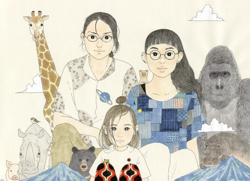 3girls age_difference awai880 bear bird black_hair brown_hair brown_pants child cloud collared_shirt commentary_request earrings frog giraffe glasses gorilla hippopotamus jewelry long_hair looking_at_viewer multiple_girls pants pig planetary_ring real_life rhinoceros shirt short_sleeves signature white_shirt