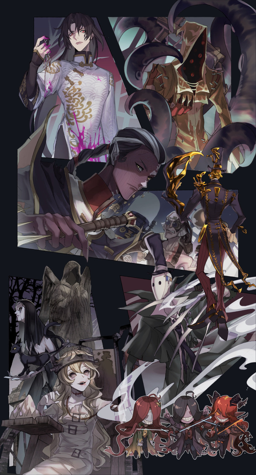 2girls 6+boys absurdres animal_on_arm ann_(identity_v) antonio_(identity_v) azu_(a23da0317) black_eyes black_hair black_neckwear black_sclera blonde_hair blood bloody_clothes bloody_hands bonbon_(identity_v) brown_robe burke_(identity_v) buttons cat chibi chinese_clothes claws coattails collarbone collared_shirt colored_sclera colored_skin eldritch_abomination expressionless extra_eyes fingernails formal galatea_(identity_v) goggles golden_tentacle_(identity_v) habit hair_over_eyes hastur_(identity_v) hat highres holding holding_weapon hood hood_up hooded_robe horn_piercing horns identity_v inferno_sonata_(identity_v) instrument intravenous_drip jack_(identity_v) long_fingernails long_hair mask messy_hair multiple_boys multiple_girls necktie nun official_alternate_costume old old_man overalls pale_skin pink_blood purple_skin red_eyes red_hair red_skin robot sculpture shirt sitting smile standing statue suit tentacles top_hat torn_clothes very_long_hair vest violin weapon wheelchair white_hair wu_chang yellow_eyes