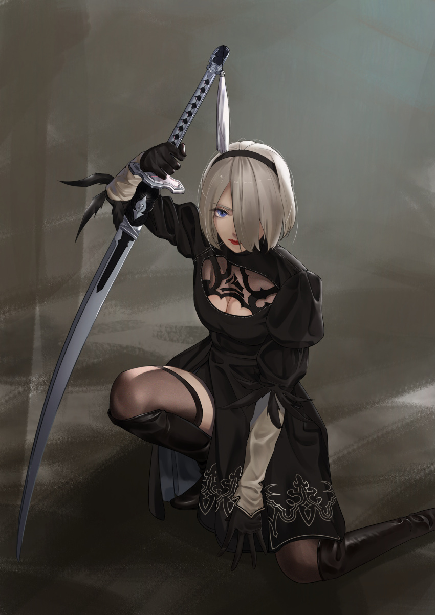 1girl absurdres black_footwear black_gloves black_hairband blue_eyes boots breasts cleavage cleavage_cutout closed_mouth clothing_cutout eir eyebrows_visible_through_hair feather_trim gloves green_hair grey_legwear hair_over_one_eye hairband high_heels highres holding holding_sword holding_weapon katana knee_boots lipstick long_eyelashes makeup mole mole_under_mouth nier_(series) nier_automata one_knee puffy_sleeves red_lips red_lipstick see-through solo sword thighhighs weapon yorha_no._2_type_b