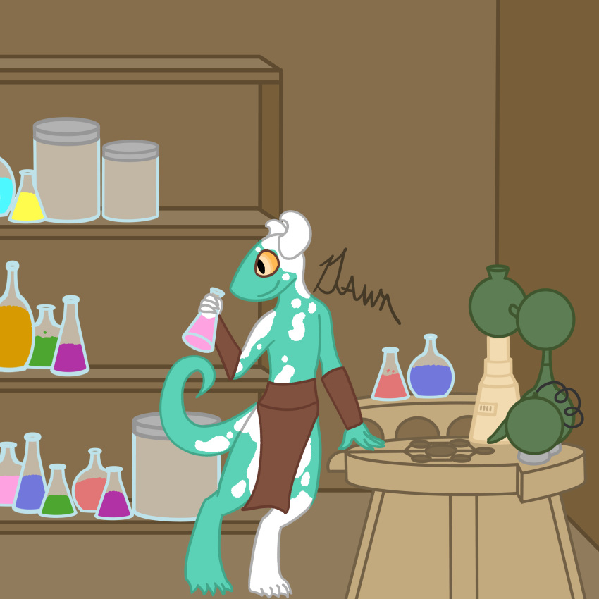 1:1 absurd_res alchemy alchemy_circle anthro armor beaker bethesda_softworks bottomwear bracers chemistry clothing dactyloid dawnthemetamon green_body green_scales hi_res horn interior interior_background interior_view jar kobold laboratory_equipment laboratory_glassware&lrm; lizard loincloth male mottled mottled_body mottled_scales piebald piebald_body piebald_scales potion potion_bottle reptile scales scalie scientific_instrument solo the_elder_scrolls vial vials video_games yellow_eyes