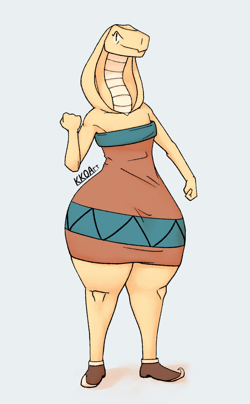 2021 anthro arabian clothing colored dress eyelashes female fist flat_chested footwear full-length_portrait hi_res kkoart line_art long_neck pointy_shoes portrait reptile scale scalie shaded shoes simple_background smile snake snake_hood solo standing thick_thighs wide_hips