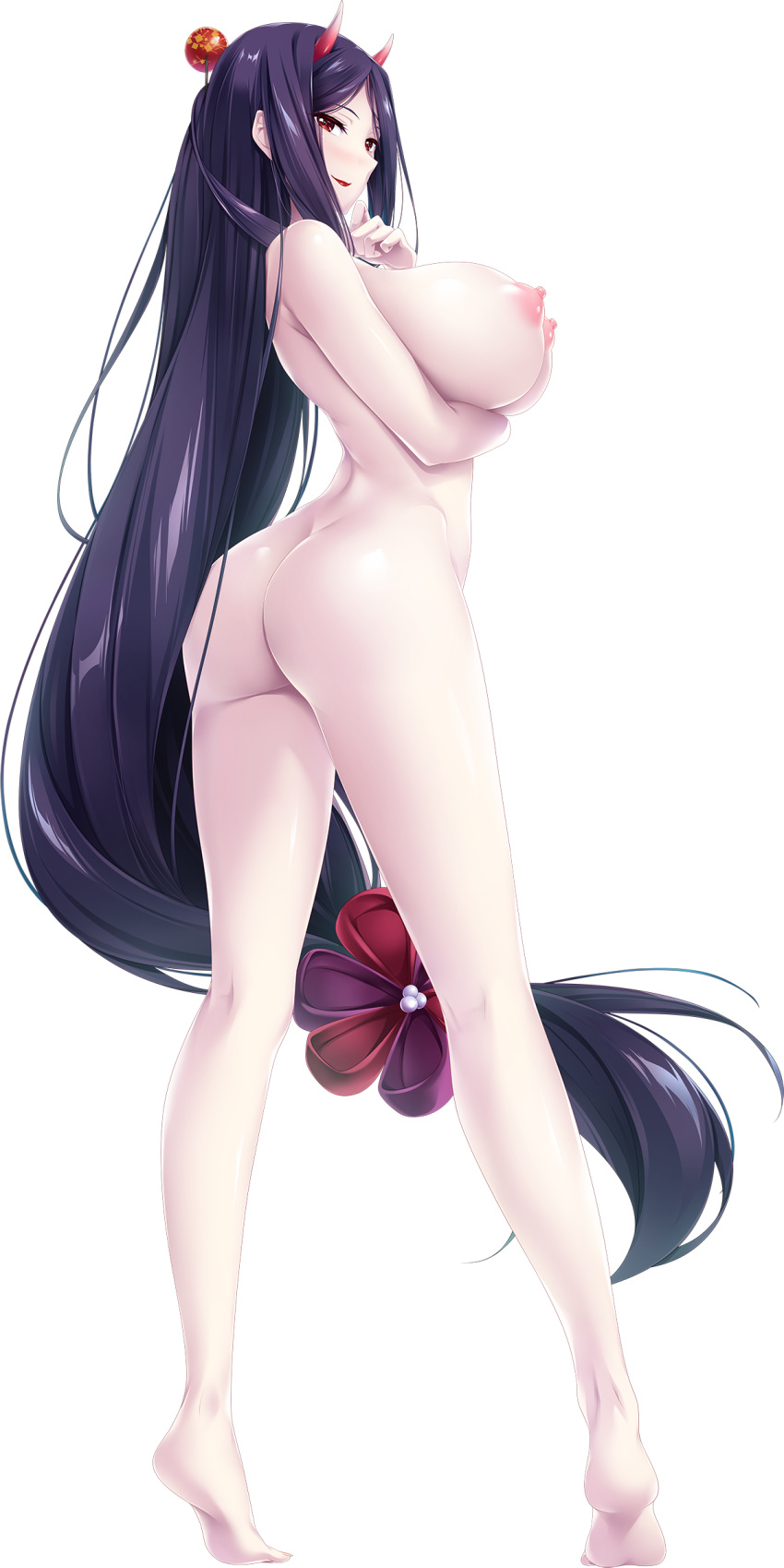 1girl absurdres ass barefoot black_hair breast_hold breasts choco_chip completely_nude full_body hair_ornament highres horns huge_breasts kijou_yasha lipstick long_hair low-tied_long_hair makeup mama_x_holic nipples nude official_art pale_skin red_eyes red_lipstick shiny shiny_skin smile soles solo standing transparent_background very_long_hair
