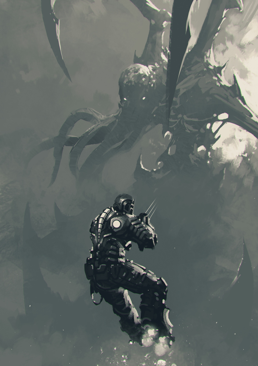 1boy absurdres armor commentary crossover cthulhu cthulhu_mythos dead_space english_commentary flying from_behind glowing glowing_eyes gun helm helmet highres horror_(theme) isaac_clarke kalmahul looking_at_another male_focus plasma_cutter power_suit science_fiction spacesuit tentacles weapon