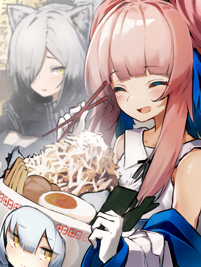 3girls absurdres animal_ear_fluff animal_ears arknights bangs black_hair black_scarf bowl cat_ears ceylon_(arknights) chopsticks closed_eyes commentary_request egg eyebrows_visible_through_hair food gradient_hair grey_hair highres holding holding_chopsticks jirou_(ramen) multicolored_hair multiple_girls noodles open_mouth pink_hair ptilopsis_(arknights) ramen scarf schwarz_(arknights) shirt sidelocks sleeveless sleeveless_shirt smile tab_head white_hair white_shirt yellow_eyes