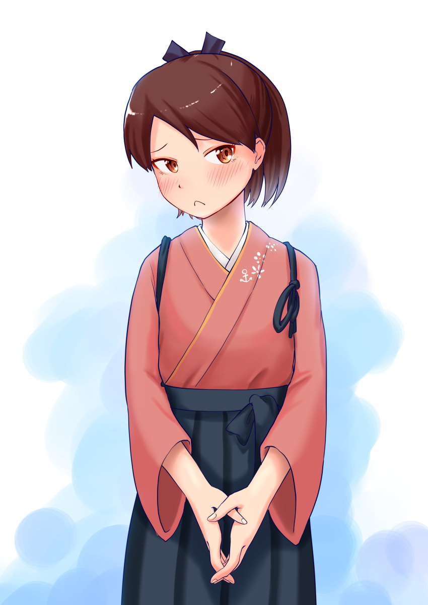 1girl absurdres black_hakama brown_eyes brown_hair commentary_request cosplay cowboy_shot frown hakama hakama_skirt highres houshou_(kantai_collection) houshou_(kantai_collection)_(cosplay) hunehoura japanese_clothes kantai_collection kimono looking_at_viewer pink_kimono ponytail shikinami_(kantai_collection) solo tasuki v_arms