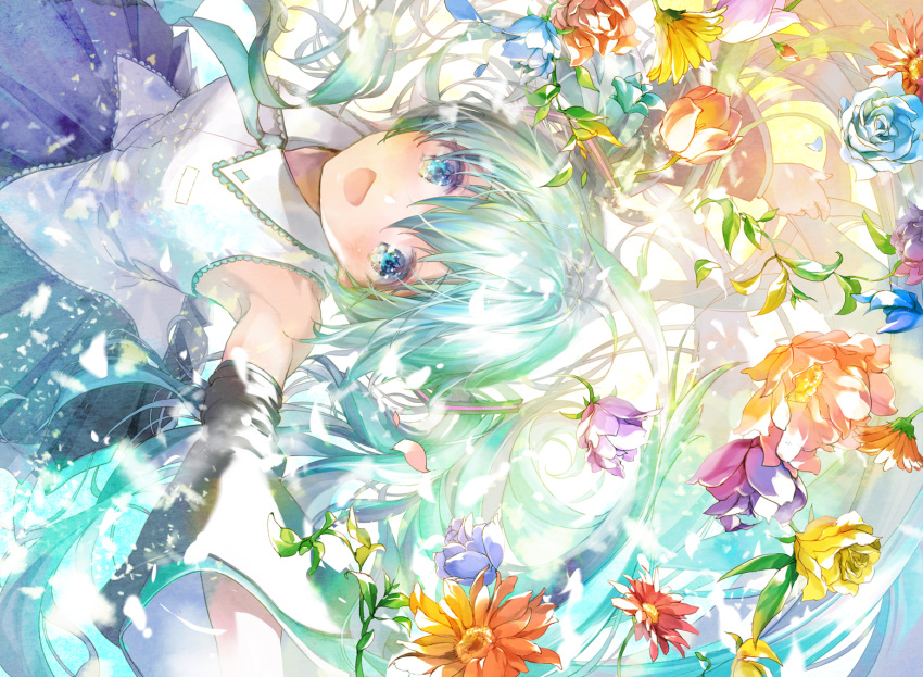 1girl 888myrrh888 :d aqua_eyes aqua_flower aqua_neckwear aqua_rose armpits bare_shoulders black_skirt blue_flower blue_rose breasts collared_shirt colorful detached_sleeves eyebrows_visible_through_hair floating_hair flower green_flower green_hair hair_between_eyes happy hatsune_miku leaf light light_blush long_hair looking_at_viewer looking_up messy_hair necktie open_mouth orange_flower outstretched_hand petals pink_flower plant pleated_skirt purple_flower purple_rose red_flower rose shirt skirt sleeveless sleeveless_shirt small_breasts smile solo tareme upper_body upside-down very_long_hair vocaloid white_shirt yellow_flower yellow_rose