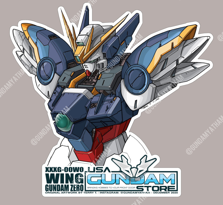 artist_name beige_background english_commentary green_eyes gundam gundam_wing gundam_wing_endless_waltz gundamyatham highres looking_down mecha no_arms science_fiction solo sticker upper_body usa_gundam_store v-fin watermark wing_gundam_zero_custom