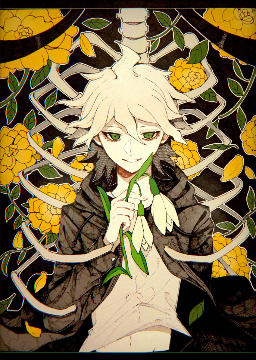 1boy bangs brown_jacket commentary danganronpa_(series) danganronpa_2:_goodbye_despair flower green_eyes highres holding holding_flower hood jacket komaeda_nagito kuma_no_(y6lnv) letterboxed long_sleeves looking_at_viewer male_focus medium_hair navel open_clothes open_jacket orange_flower shirt skeleton smile solo stomach upper_body white_hair