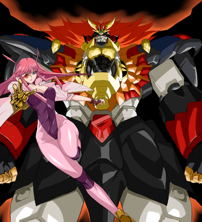 1girl bangs breasts cleavage collarbone eyebrows_visible_through_hair fingerless_gloves genesic_gaogaigar gloves green_eyes highres hip-hop_nyang-i jacket korean_commentary leggings leotard looking_at_viewer mecha mechanical_arm medium_breasts open_hands orange_eyes orange_hair pink_hair pink_jacket purple_gloves renais_cardiff_shishiou scouter single_glove super_robot v-fin v-shaped_eyebrows yuusha_ou_gaogaigar yuusha_ou_gaogaigar_final yuusha_series