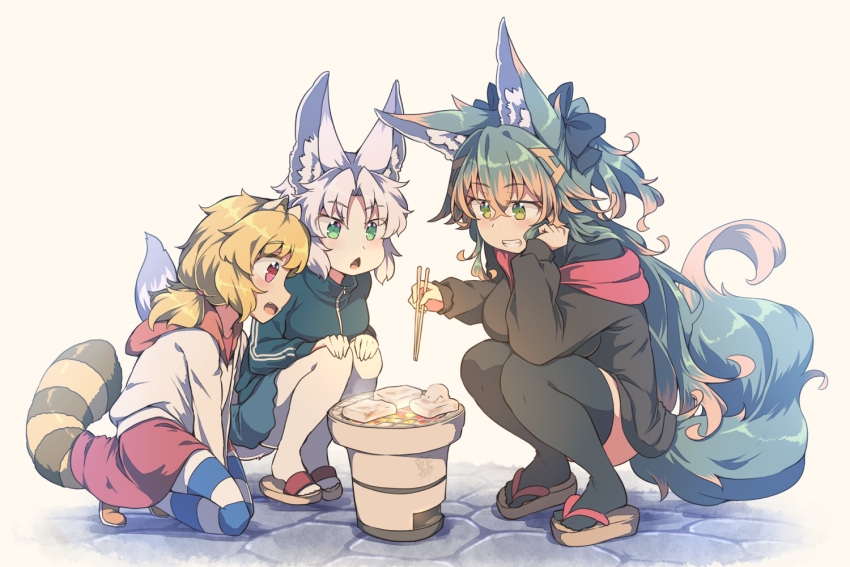 3girls animal_ears beige_background black_bow black_jacket black_legwear blonde_hair bow breasts chopsticks clenched_teeth commentary_request food fukunomiya_koko full_body green_eyes green_hair grill hair_between_eyes hair_bow holding holding_chopsticks jacket kiyomiya_hikari kneeling kuromiya kuromiya_raika long_hair looking_at_food multicolored_hair multiple_girls orange_hair original raccoon_ears raccoon_girl raccoon_tail red_eyes red_skirt shichirin short_hair simple_background skirt smile squatting striped striped_legwear tabi tail teeth thighhighs two-tone_hair white_hair