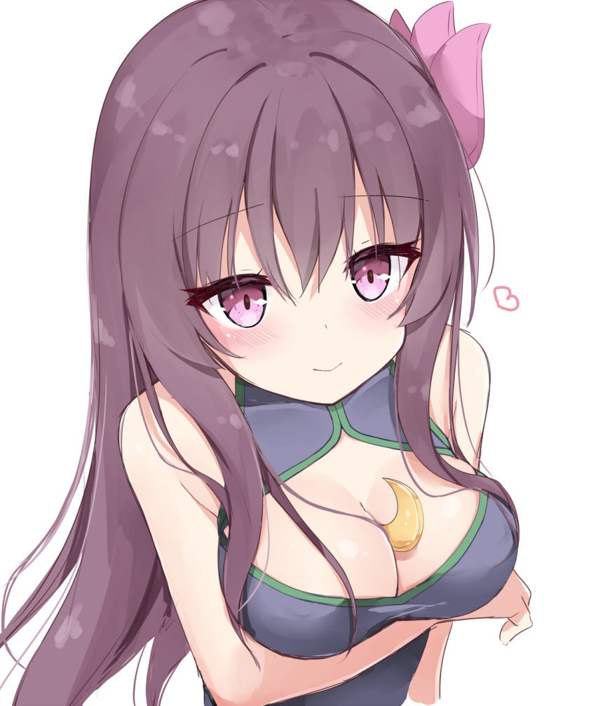 1girl bangs blush breast_hold breasts eyebrows_visible_through_hair hair_ornament highres holding kamu_(geeenius) kantai_collection kisaragi_(kantai_collection) large_breasts long_hair looking_at_viewer purple_eyes purple_hair sidelocks simple_background smile solo upper_body