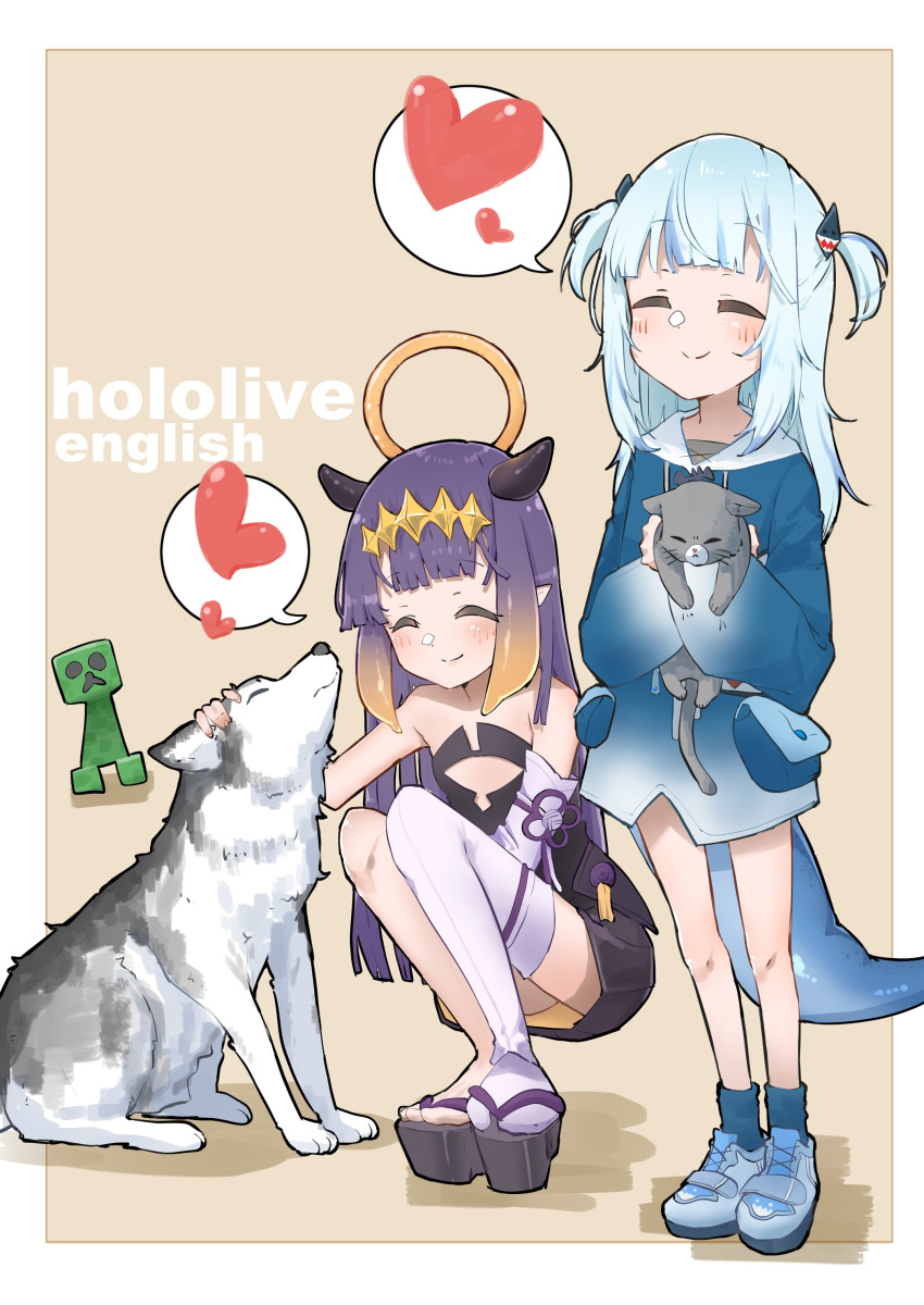 2girls ^_^ absurdres animal blue_hair blush cat closed_eyes copyright_name creeper fish_tail gawr_gura head_tilt heart highres holding holding_animal holding_cat hololive hololive_english minecraft multicolored_hair multiple_girls ninomae_ina'nis petting purple_hair shark_tail smile spoken_heart squatting streaked_hair tail tentacle_hair two_side_up virtual_youtuber wolf yakiniku-joan.