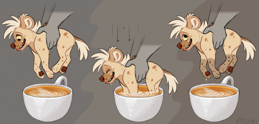 2021 ambiguous_gender beverage coffee digital_media_(artwork) febzhyena_(kitchiki) feral hyaenid kitchiki mammal open_mouth paws smile spotted_hyena teeth tongue