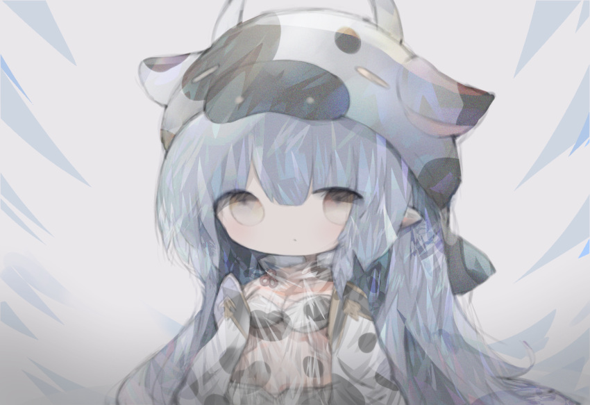 1girl animal_ears animal_print bangs bikini blue_hair breasts brown_eyes chibi cleavage commentary_request cottontailtokki cow_ears cow_hat cow_horns cow_print eyebrows_visible_through_hair fake_animal_ears fake_horns granblue_fantasy hair_between_eyes horns long_hair long_sleeves looking_at_viewer medium_breasts print_bikini see-through shatola_(granblue_fantasy) solo swimsuit very_long_hair