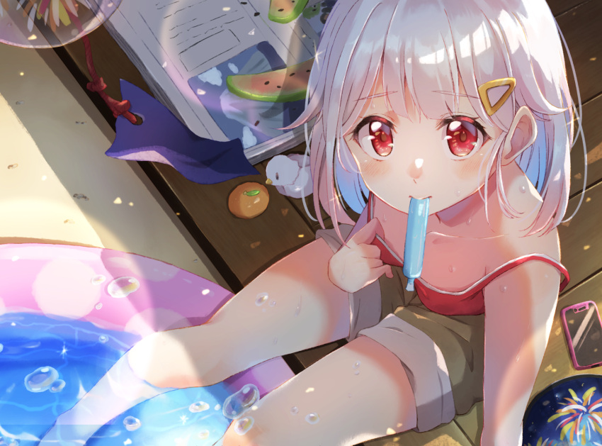 bubbles food ice_cream omochi_(k-on1991) original phone red_eyes shorts water white_hair