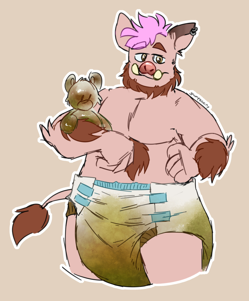 absurd_res anthro belly diaper domestic_pig fatfur feces grumpycoony hair hi_res krib male mammal messing messy obese obese_anthro obese_male overweight overweight_anthro overweight_male peeing piercing pink_hair pooping slightly_chubby solo suid suina sus_(pig) wild_boar