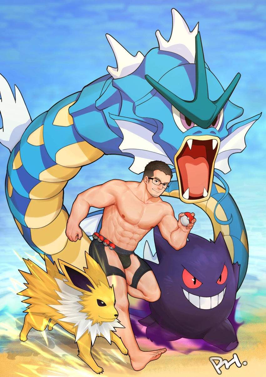 1boy abs absurdres bara barefoot bulge character_request clothing_cutout commission crotchless_swimsuit denim facial_hair floating full_body giant highres holding holding_poke_ball jeans male_focus male_swimwear muscular muscular_male navel nipples original pants pectorals peterhl poke_ball pokemon pokemon_(creature) running shoes short_hair sideburns sneakers solo stubble swim_briefs swimsuit swimwear thigh_cutout thighs