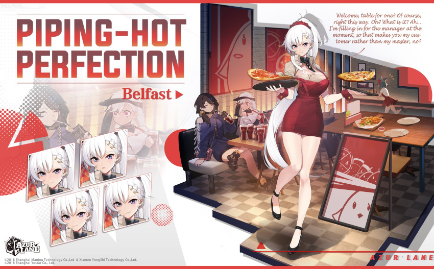 4girls azur_lane bangs belfast_(azur_lane) belfast_(piping-hot_perfection)_(azur_lane) black_footwear black_hair blue_eyes blue_nails blush braid breasts chair checkered checkered_floor cleavage cola collar cup dress drinking drinking_glass drinking_straw_in_mouth earrings expressions food french_braid fubuki_(azur_lane) fubuki_(stormy_waitress-in-training!)_(azur_lane) full_body gebijiade_89 georgia_(azur_lane) hair_between_eyes hair_ornament hairclip high_heels highres holding holding_cup indoors jewelry large_breasts legs logo long_hair long_legs long_sleeves looking_at_another looking_at_viewer minsk_(azur_lane) multiple_girls nail_polish notice_lines official_alternate_costume official_art open_mouth pencil_dress pizza ponytail purple_eyes red_nails restaurant short_dress silver_hair sitting skirt smile standing strap_slip table tall_female thighs tile_floor tiles tray very_long_hair visor waitress white_hair wrist_cuffs