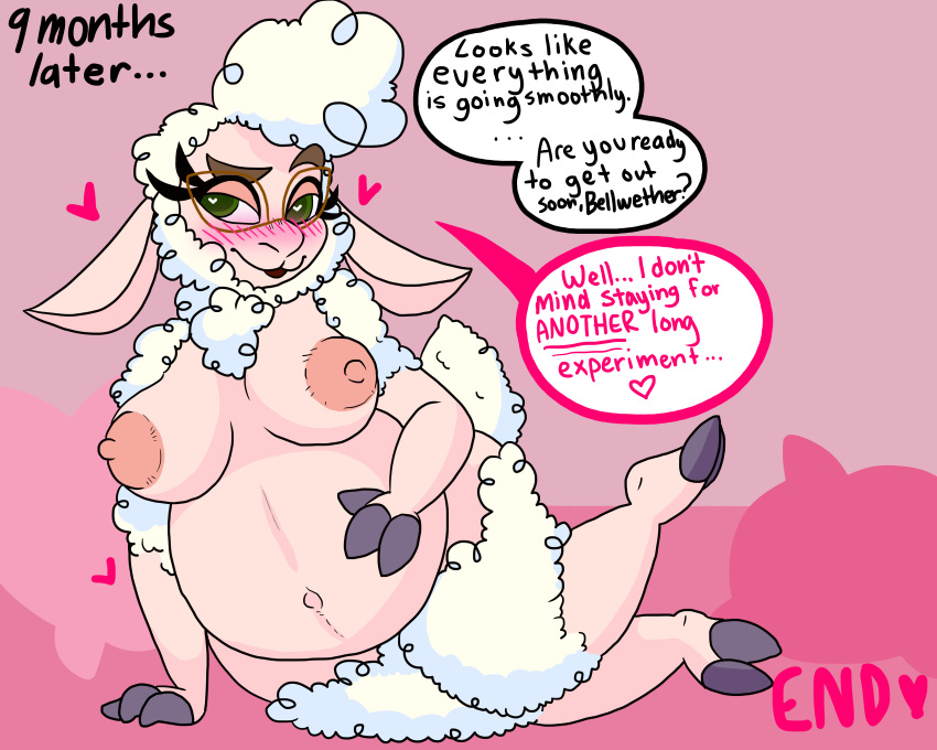 &lt;3 &lt;3_eyes 5:4 absurd_res anthro blush bovid breasts caprine comic dawn_bellwether dialogue disney domestic_sheep english_text eyewear female fur hand_on_stomach hi_res long_ears lying mammal nipples on_side pillow pregnant pregnant_belly sheep short_stack simple_background solo sweetcreammilk text wool_(fur) zootopia