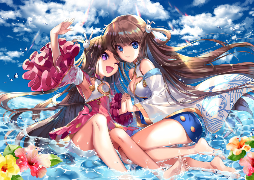 2girls bangs bare_legs beach blue_dress blue_eyes blue_oath breasts brown_hair bunny_hair_ornament cleavage cleavage_cutout closed_mouth clothing_cutout collarbone commentary_request crescent crescent_cutout cu-rim day detached_sleeves dress hair_ornament hair_rings highres long_hair long_sleeves medium_breasts multiple_girls ning_hai_(blue_oath) ocean pelvic_curtain ping_hai_(blue_oath) pink_dress purple_eyes short_dress sidelocks sitting sky smile thigh_strap wading water wide_sleeves